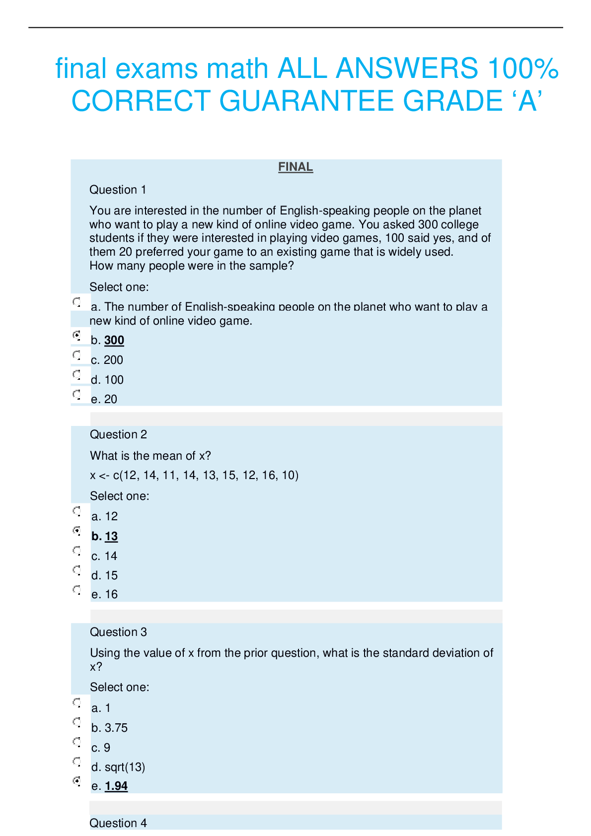 Preview image of final exams math ALL ANSWERS 100% CORRECT GUARANTEE GRADE ‘A document